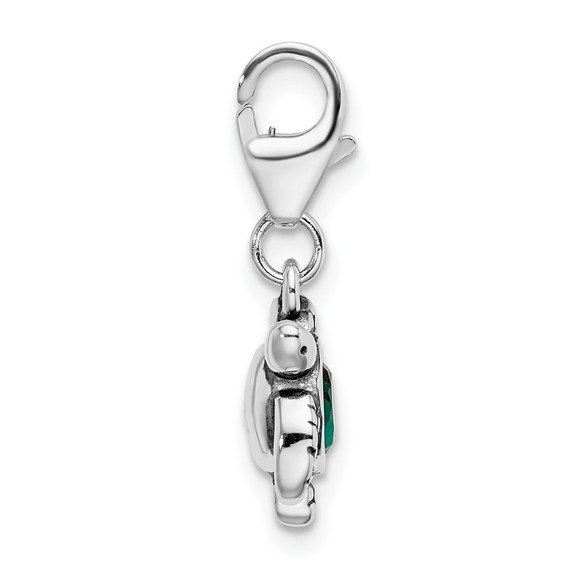 925 Sterling Silver 3-D Green Swarovski Crystal Turtle Charm Fancy Lobster Clasp - Picture 2 of 3